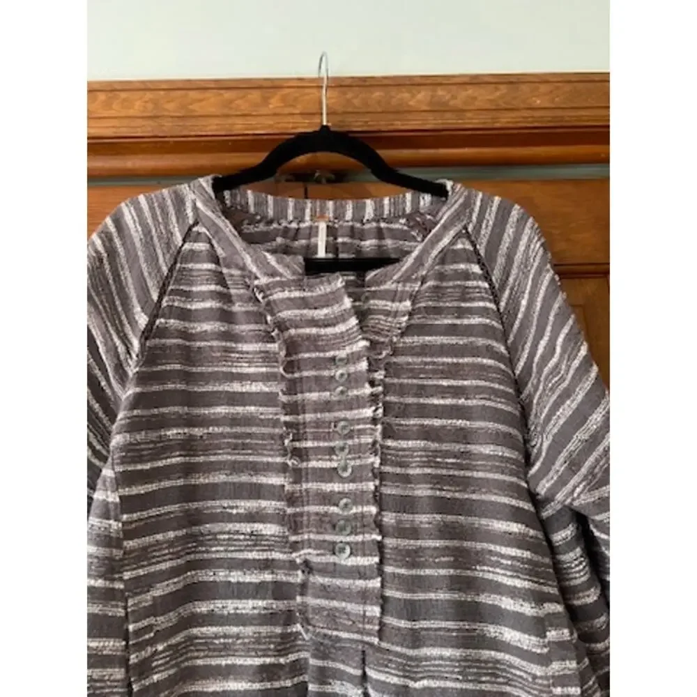 Free People Striped Tweed Hideaway Henley Top Boho Oversized Long Sleeve SZ S - Picture 3 of 13